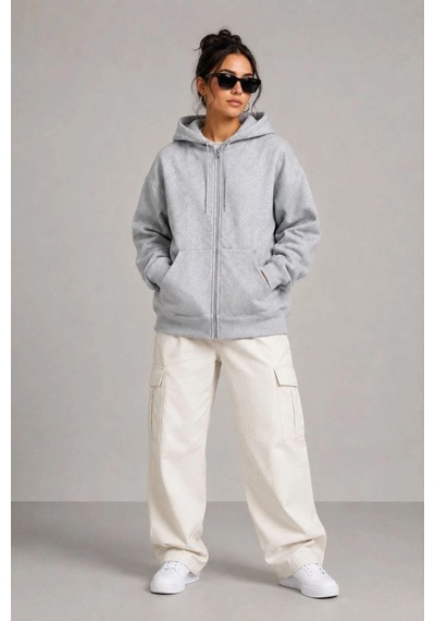 Kadın 3 İplik Şardonlu Tam Fermuarlı Kapüşonlu Arka Çanta Detaylı Sweatshirt - Gri