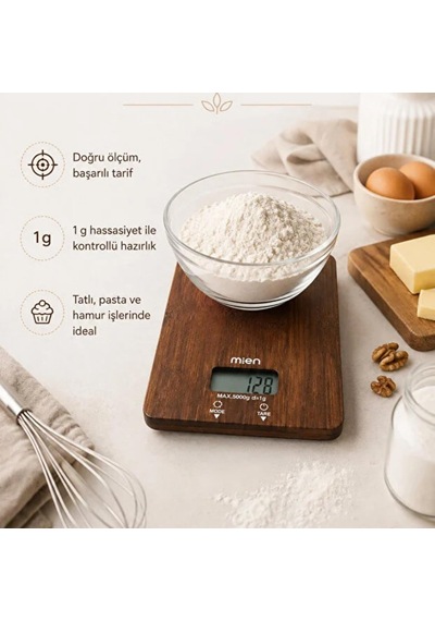 Dijital Mutfak Terazisi 5 Kg Kapasiteli 1 Gr Hassasiyetli Akasya Dikdörtgen 14x20 Cm Çok Renkli