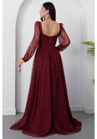 Kalopya Kalp Yaka Uzun Kol Dantel Elbise Ecr5733 Bordo