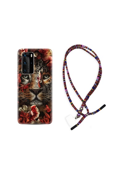 Huawei P40 Pro Kılıf Rasta Boyun Askılı Flowers Baby Tiger 1336