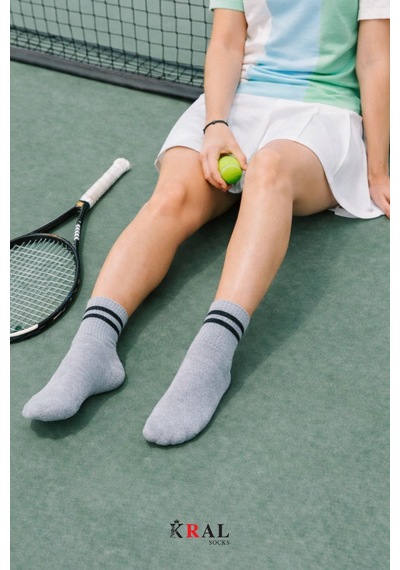 Kral Socks Erkek Kadın 3 Çift Çizgili Kolej Tenis Çorabı Pamuklu Terletmez Çorap Gri