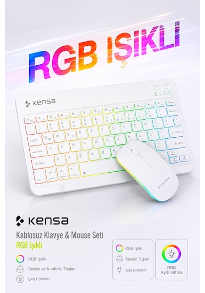 Tablet Ve Bilgisayar İçin Rgb Led Işıklı Taşınabilir Kablosuz Bluetooth Klavye Ve Dongle'lı Mouse Seti Beyaz