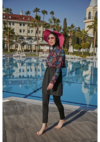 Remsa Color Neon Crop Görünümlü Önü Kapaklı Tam Kapalı Tesettür Mayo Rms-r046-26 Siyah