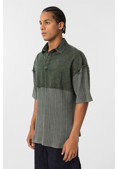 Vamos Yıkamalı Triko Oversize Polo Yaka Tişört V70-53 Haki