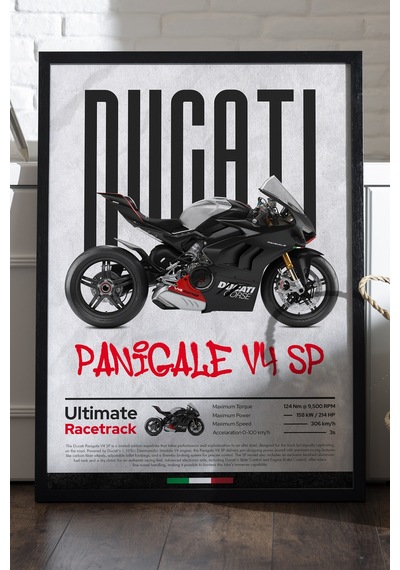 Ducati Panigale V4 Sp Siyah Ahşap Çerçeveli Poster, Dekoratif Motosiklet Duvar Tablosu Çok Renkli