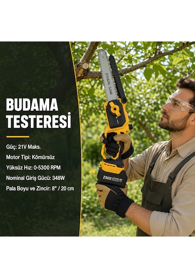 Prohummer Phm008 Yeni Akülü 2li Bahçe Seti Dal Budama Makası 50mm Ve Dal Budama Testere 20cm 21v 4a Çift Akülü Sarı