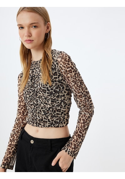 Koton Leopar Tül Bluz Crop Uzun Kollu Bisiklet Yaka Büzgülü Bej Desenli 5wal60024ık Ekru