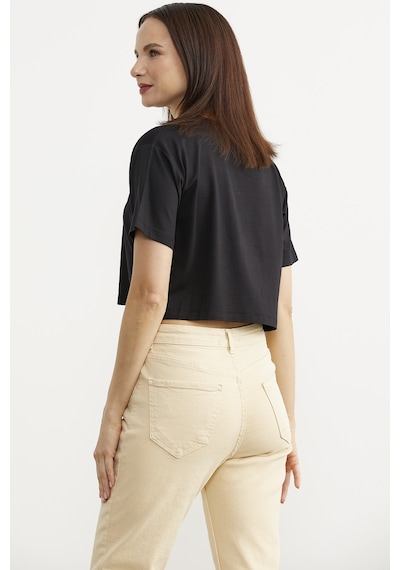 Oversize Baskılı Crop Tişört - Siyah Çok Renkli