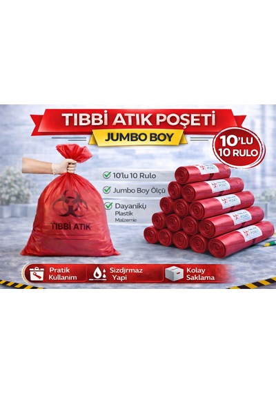 Tıbbi Atık Poşeti Jumbo Boy 10'lu 10 Rulo Kırmızı Tıbbi Atık Atık Poşeti Seti