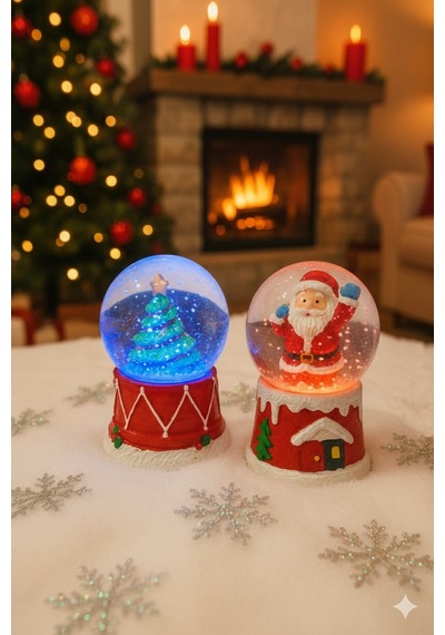 Yılbaşı Çam Ağacı & Noel Baba Kar Küresi 2 Li Set Led Işıklı 6,5 Cm Yeni Yılın En Güzel Hediyesi Çok Renkli