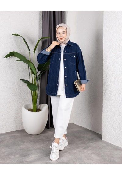Hb Harma Time Butik Kadın Yıkamalı Cepli Denim Kot Lacivert Ceket