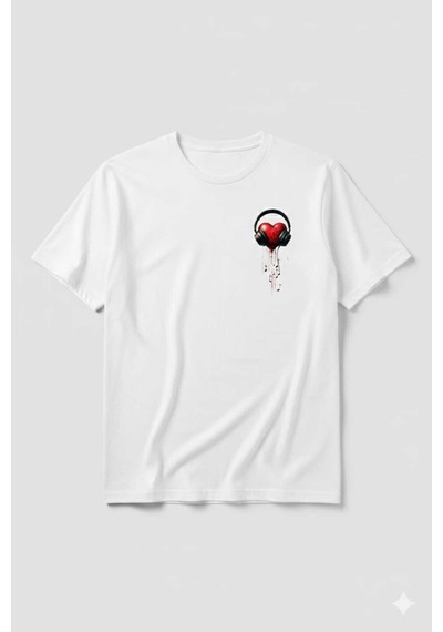 Kalp Kulaklık Baskılı Sevgililer Günü Pamuklu Kadın T-shirt Beyaz
