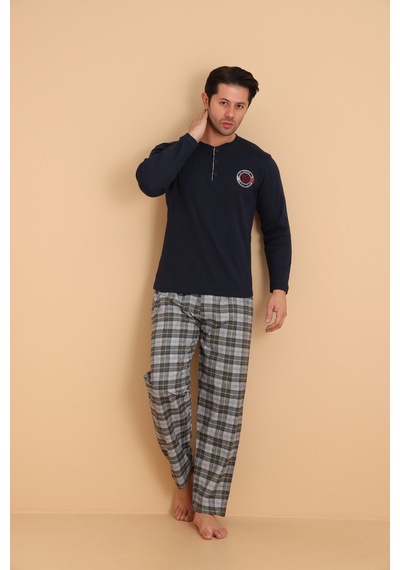 Wordex Flk 7014 İnterlok Kışlık Ekose Pijamalı Erkek Pijama Takımı Lacivert