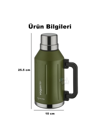 Vagonlife 1.2 Litre Bardaklı Kullanım Kulplu Paslanmaz Çelik Termos-ffvgn1004-1200ml Yeşil 0