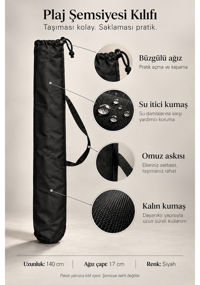 Plaj Şemsiyesi Kılıfı 140 Cm Omuz Askılı, Büzgülü, Siyah