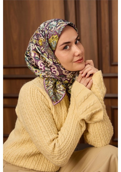 Silk Home Twill İpek Eşarp Mürdüm-butter Yellow Desenli Tok Duruşlu 90x90 Çok Renkli