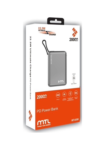 20000 Mah 22.5w Süper Hızlı Şarj Dahili Kablolu Led Göstergeli Pd Ve Qc 3.0 Powerbank Mt4550 Gri