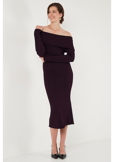 Lela Premium Fitilli Carmen Yaka Slim Fit Midi Boy Triko Bayan Elbise 680El00033 Mürdüm Lela Premium Fitilli Carmen Yaka Slim Fit Midi Boy Triko Bayan Elbise 680El00033 Mürdüm