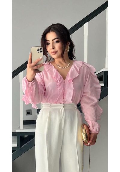 Orijinal Marka Pembe Fırfırlı Gömlek Pembe