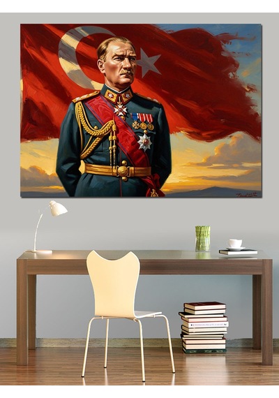 Türk Bayrağı Önünde Atatürk Portresi 3 Dekoratif Kanvas - Mdf Ahşap Tablo