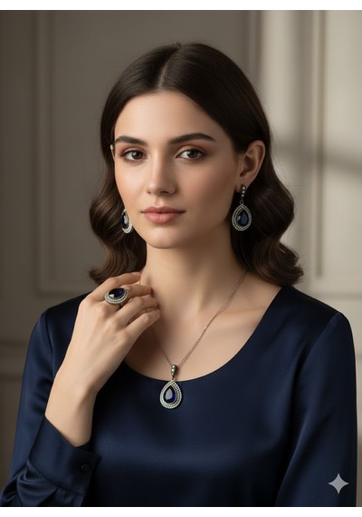 Safir Taşlı Gümüş Kolye Takımı Bronz