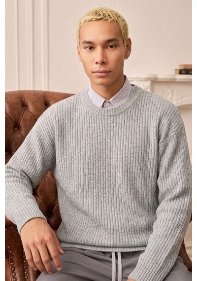 Cool Tarz Erkek Bisiklet Yaka Fitilli Örgü Akrilik Pamuklu Triko Kazak Gümüş Gümüş
