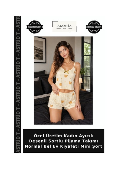 Astrid T Özel Üretim Kadın Ayıcık Desenli Şortlu Pijama Takımı Normal Bel Ev Kıyafeti Mini Şort sarı