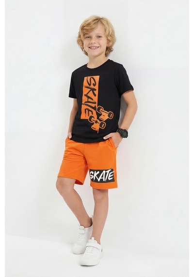 Panios Kids Yuvarlak Yaka Skate Baskı Detaylı Yazlık Erkek Çocuk Alt Üst Takım Turuncu