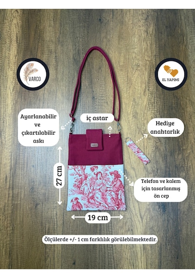 Aksesuarsepeti El Yapımı, Fransız Köylüsü Desenli, Cepli, Taşıma Askılı, Kılıf Çanta, Tablet Kılıfı, Kitap Kılıfı Bordo