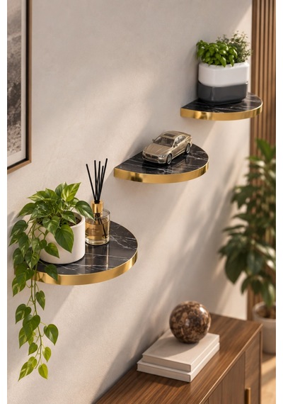 Sulorahome 3'lü Oval Duvar Rafı Siyah Mermer Desenli Gold Kenarlı