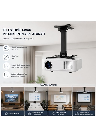 Teleskopik Projeksiyon Askısı Tavan Aparatı, Universal Projektör Montaj Braketi, Ayarlanabilir Projektör Tavan Askısı, Çelik Projektör Taşıyıcı Stand, Projeksiyon Cihazı Tavan Bağlantı