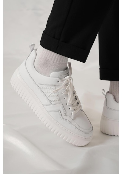 Shoetyle - Beyaz Hakiki Deri Bağcıklı Erkek Sneaker 115-k502-1331 Beyaz