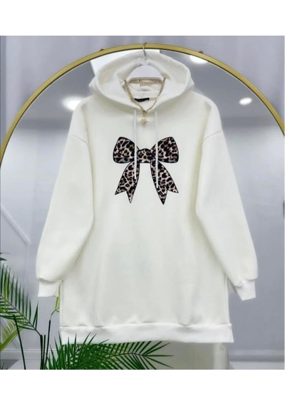 Lovie Moda Kadın Leopar Fiyonk Baskılı Sweatshirt Beyaz