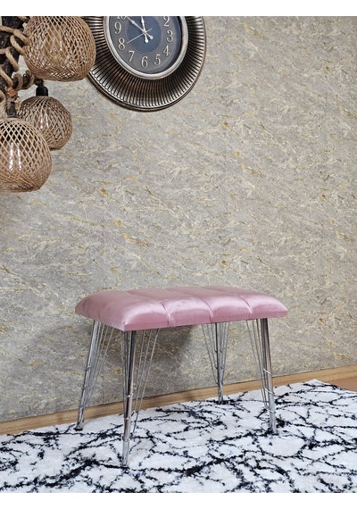 Zafir Metal Krom Tel Ayaklı 60 Cm Puf Bench - Puf - Bench - Oturak - Mutfak Oturağı - Antre Oturağı Pembe