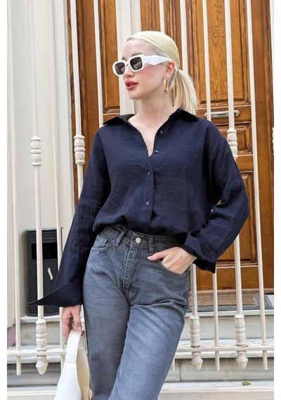 Madmext Lacivert Muslin Kumaş Basic Kadın Gömlek Mg1660 Lacivert