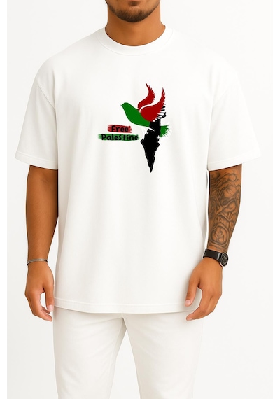 Bahriyeli Collection Oversize Free Palestine Göğüs Ve Sırt Tasarımlı Unisex T-shirt Beyaz
