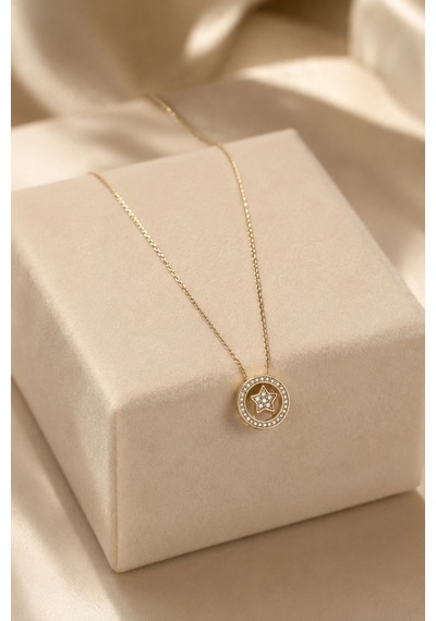 Balenbi Jewelry Yıldız Motifli Taşlı Kararmaz Çelik Kadın Kolye 14k Gold 1161 Altın