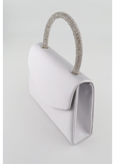 Keeba Saten Taşlı Gümüş Abiye Çanta Clutch Saten Gümüş Gece Çantası Abiye Çanta Gümüş Saten Abiye Çanta