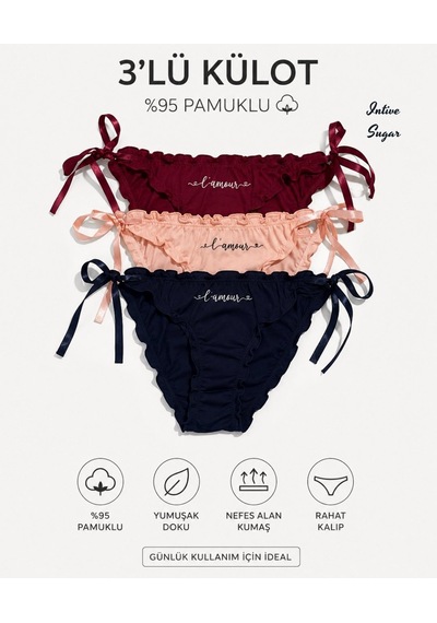 Intive Sugar 3'lü Yandan Saten Bağlamalı %95 Pamuklu Lolita Külot Çok Renkli