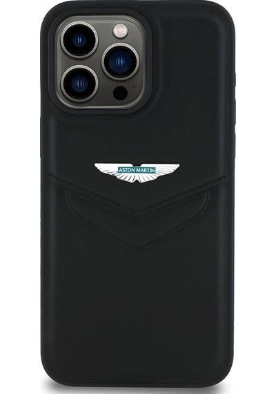 Apple Uyumlu iPhone 15 Pro Max Kılıf Aston Martin Lisanslı Victory Dizayn Deri Metal Logolu Kapak Siyah