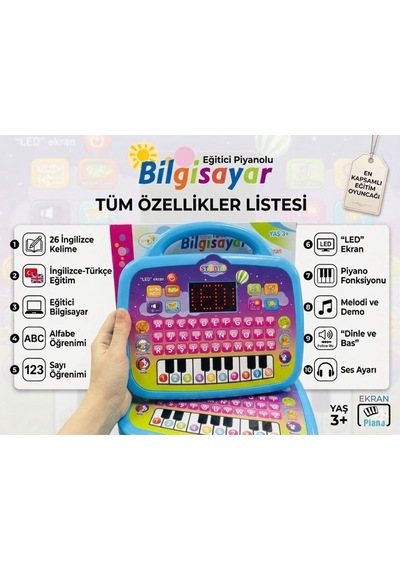 Eğitici Piyanolu Sesli Işıklı Led Ekranlı İngilizce Türkçe 26 Kelime Çocuk Bilgisayarı Mavi