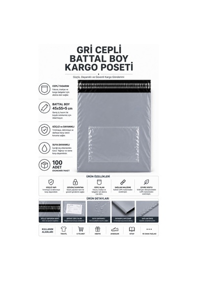 Northcity Gri Cepli Battal Boy Kargo Poşeti 45x55+5 Cm 100 Adet