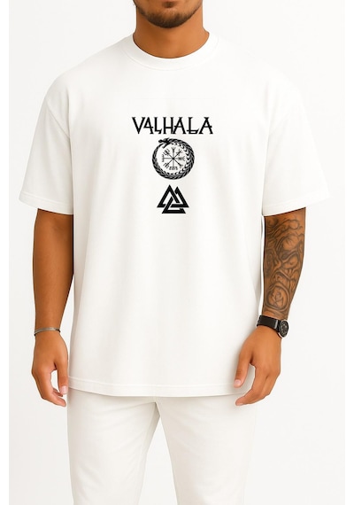 Bahriyeli Collection Oversize Valhalla Göğüs Baskılı Unisex T-shirt Beyaz