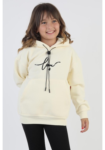 Kapşonlu Love Baskılı Kanguru Cepli Kız Çocuk Sweatshirt-90859 Krem