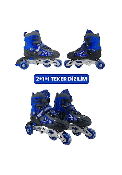 Vr1 - Metal 2+2 Işıklı 3in1 Ayarlanabilir Çocuk Pateni 2+1+1 / 2+2 Silikon Tekerli Uç Korumalı Mavi