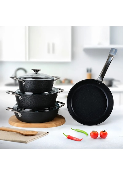 Güral Antoryum Pro 7 Parça Thermoguard Granit Tencere Takımı Siyah 9050834