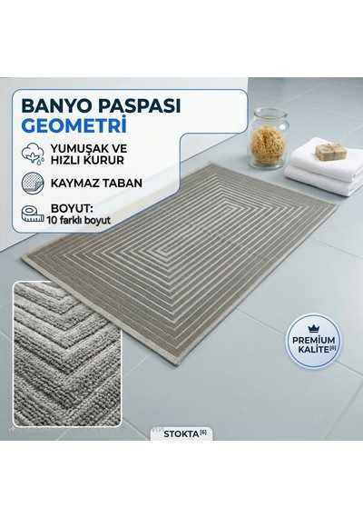 Pamuklu Kaymaz Taban Dikdörtgen Banyo Paspası Yüksek Emici Pamuk Dokuma Halısı Gri - Bej
