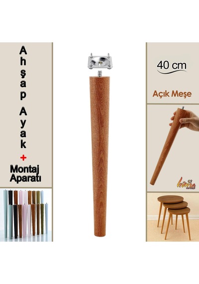 Ahşap Ayak 40 Cm Açık Meşe M8 Civatalı Bağlantı Aparatlı Mobilya Tabure Sehpa Masa Destek Ayağı Açık Meşe