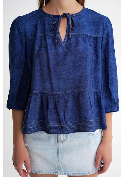 Mixray 4704 Kadın Fırfırlı Balon Kol Kısa Denim Bluz Lacivert