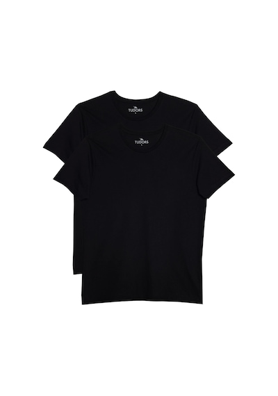 Tudors Unisex 2'li Paket Siyah Slim Fit Dar Kesim Pamuk Bisiklet Yaka Tişört-31312 XS